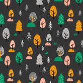 A Acorn Wood floral pattern featuring trees on a black background. Brand: Dashwood Studio.